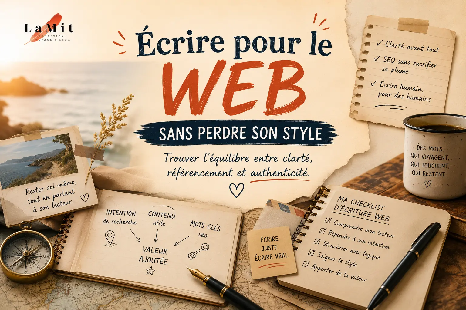 Illustration sur l’écriture web montrant comment concilier référencement naturel, authenticité, style rédactionnel et contenu SEO de qualité
