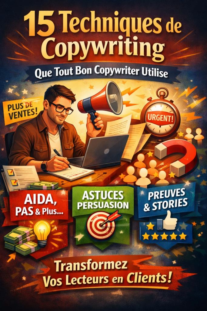 illustration 15 techniques de copywriting AIDA PAS storytelling preuve sociale pour rédiger des textes de vente et augmenter les conversions