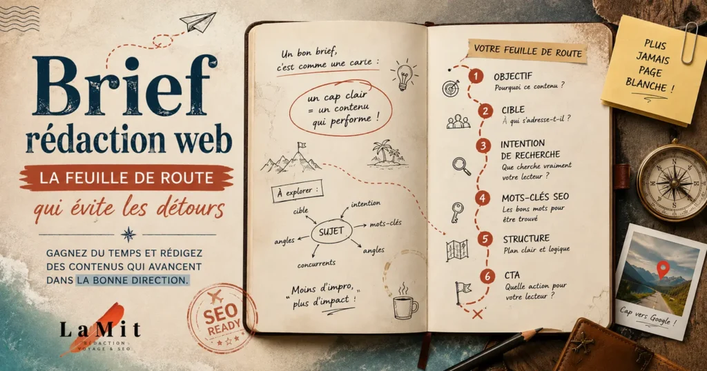 Illustration du brief rédaction web sous forme de feuille de route SEO avec carnet, checklist, mots-clés, cible, intention de recherche et structure de contenu