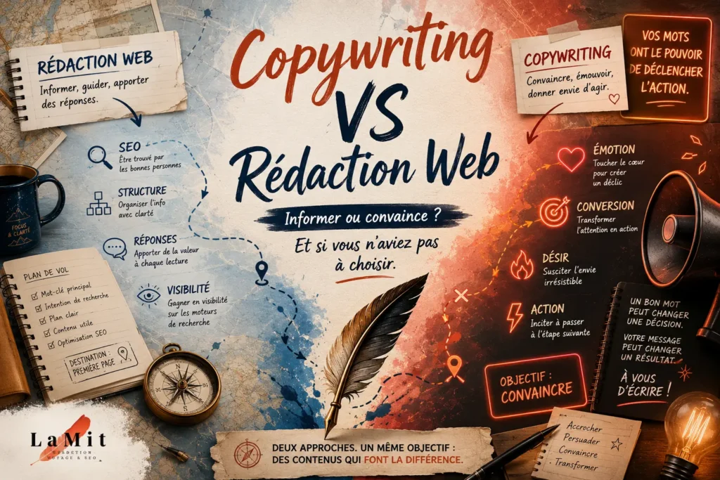 Illustration comparative entre copywriting et rédaction web montrant la différence entre SEO, visibilité, émotion, conversion et persuasion