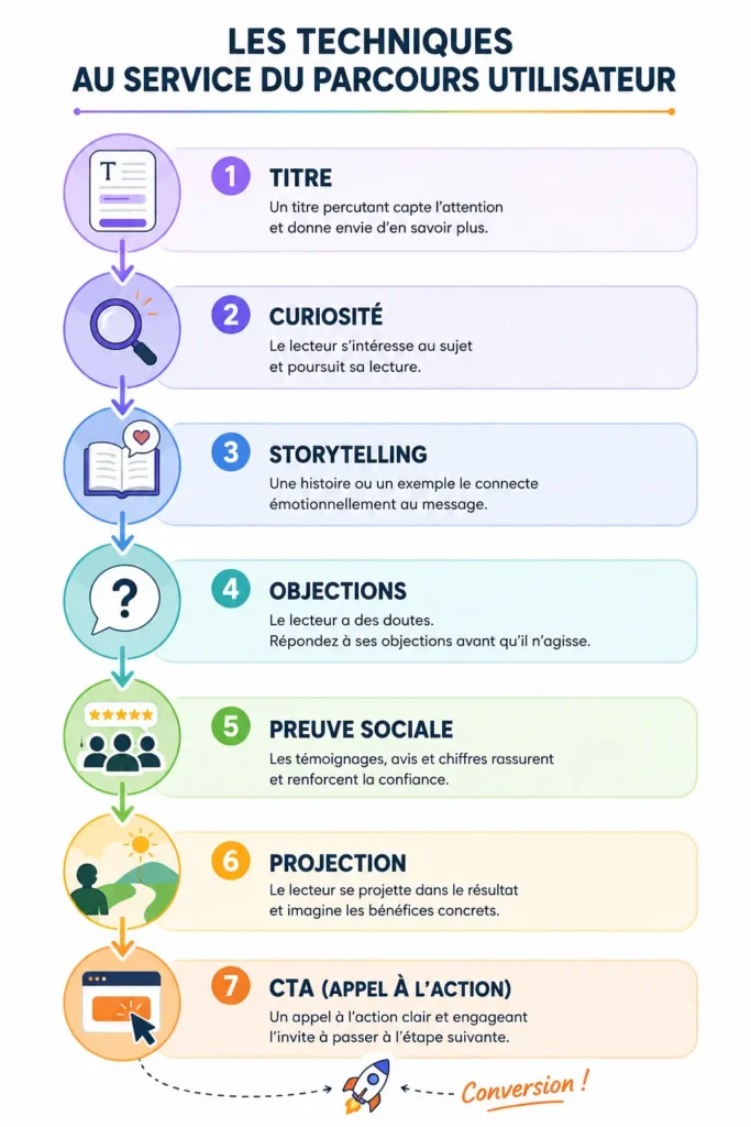 Schéma illustrant le parcours de persuasion d'un lecteur grâce aux principales techniques avancées de copywriting.