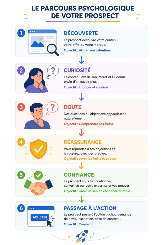Schéma représentant les différentes étapes psychologiques d'un prospect avant une conversion.